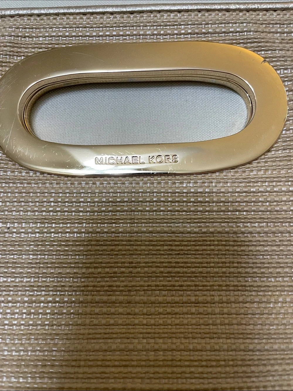 Michael Kors Beige Straw-Style Clutch with Gold Handle